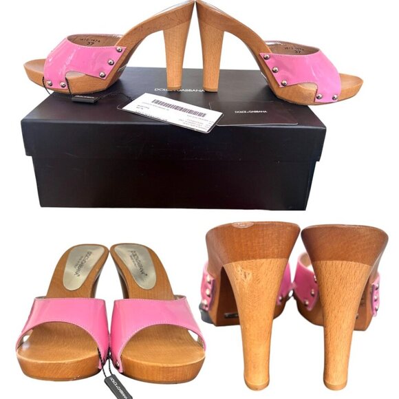 DOLCE & GABBANA D&G PINK LEATHER SLIDES SANDALS HEELS US 6-6.5/37 NIB Y2K - Picture 4 of 5